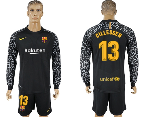 Barcelona #13 Cillessen Black Goalkeeper Long Sleeves Soccer Club Jersey - Click Image to Close